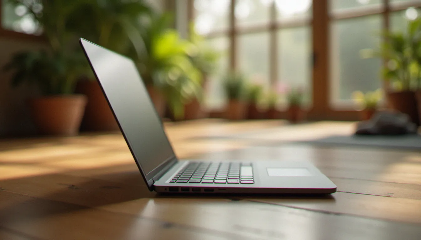 Clavier aluminium du Yoga Slim 7i 14 en gros plan avec un studio de yoga aux parquets en bois flou en arrière-plan