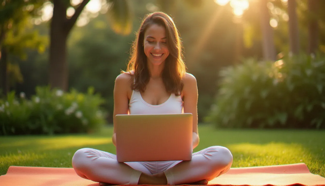 Une créatrice de contenu bien-être assise en tailleur dans un jardin ensoleillé, éditant ses photos de yoga sur un ultrabook fin pendant la golden hour