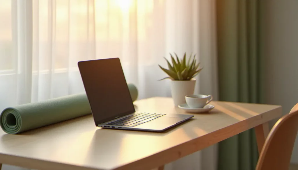 Un ultrabook fin et élégant posé sur un bureau en bois clair avec un tapis de yoga, illustrant l'avis Yoga Slim 7i 14 pour créateurs nomades