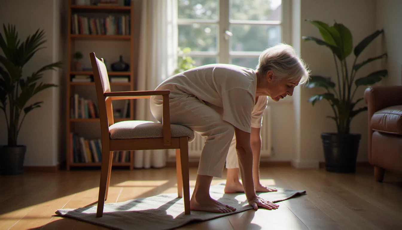 Femme âgée pratiquant une flexion avant douce en yoga sur chaise chez elle, démontrant l'accessibilité de cette pratique pour les seniors