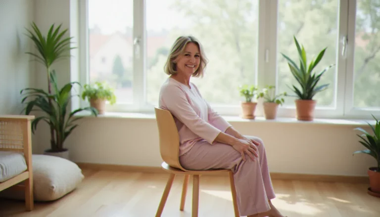 Femme pratiquant une torsion assise de yoga sur chaise dans un salon lumineux, illustrant les avis positifs sur le yoga sur chaise