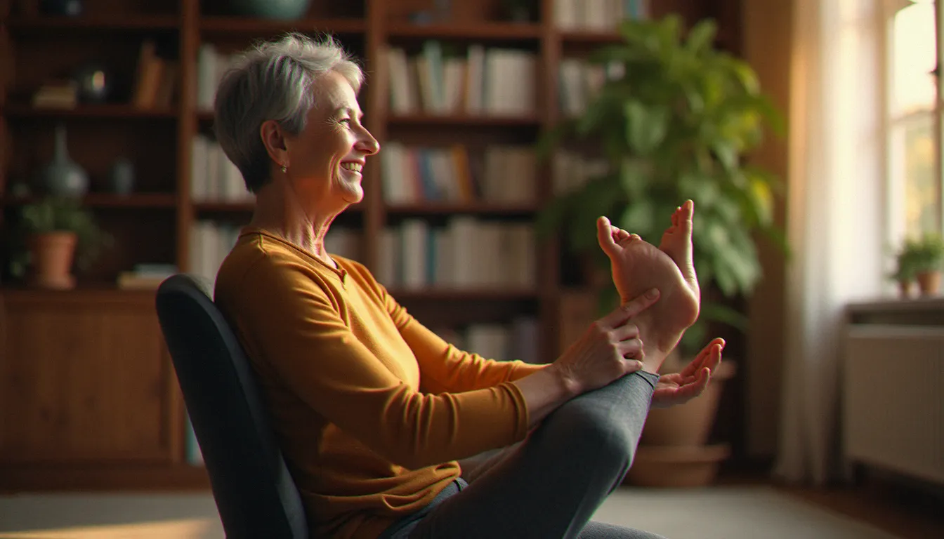 Femme souriante pratiquant le Boat Pose adapté sur chaise, exercice de yoga sur chaise efficace pour renforcer les abdominaux et contribuer à la perte de poids