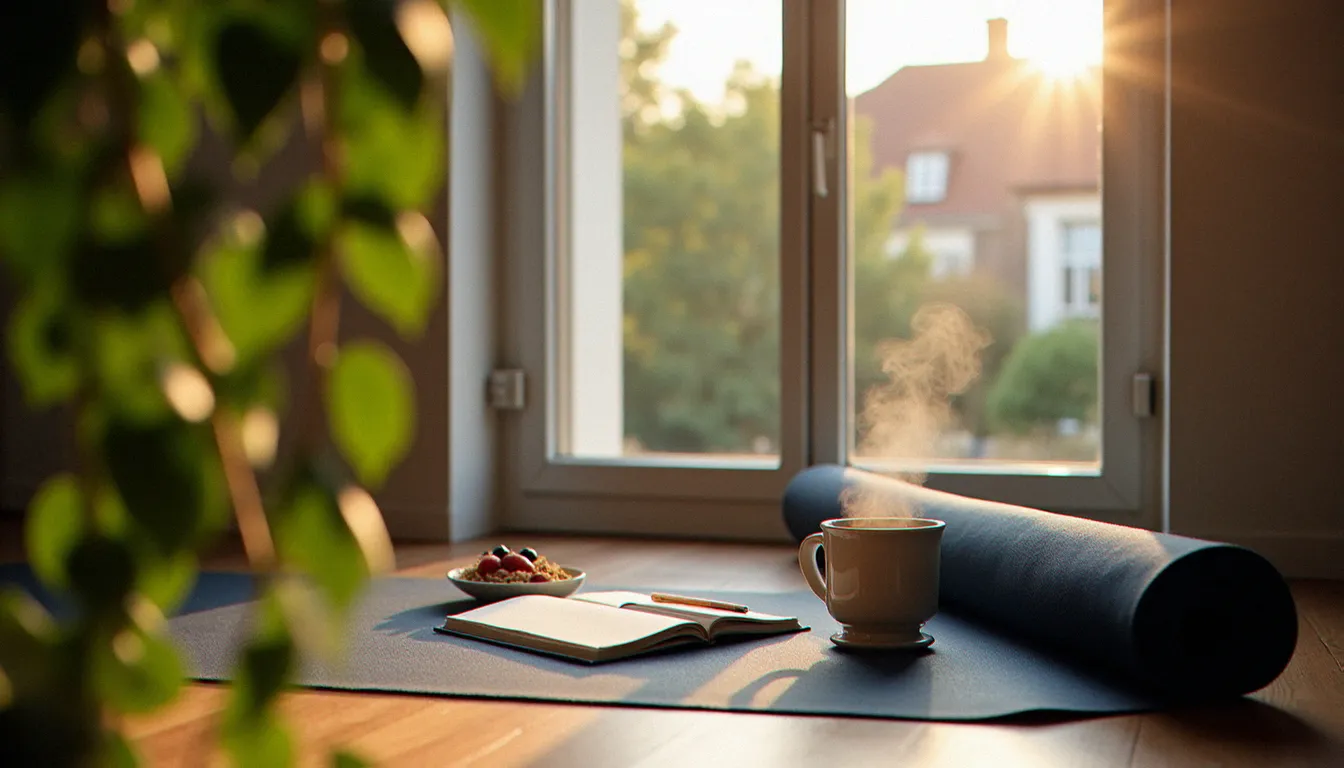 Coin rituel bien-être matinal avec tapis de yoga, recette nourrissante et fenêtre ouverte sur la nature urbaine, illustrant l'art de vivre nature au quotidien en ville