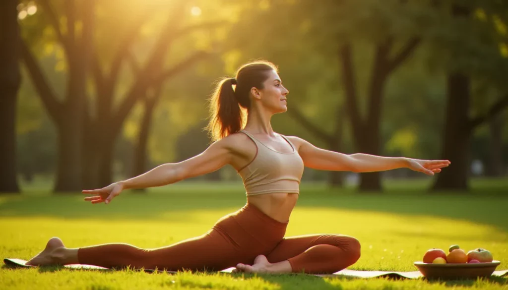 Femme pratiquant le flow yoga en plein air dans un parc verdoyant au lever du soleil, illustrant l'alliance du yoga dynamique, de la nature et de l'art de vivre bien-être