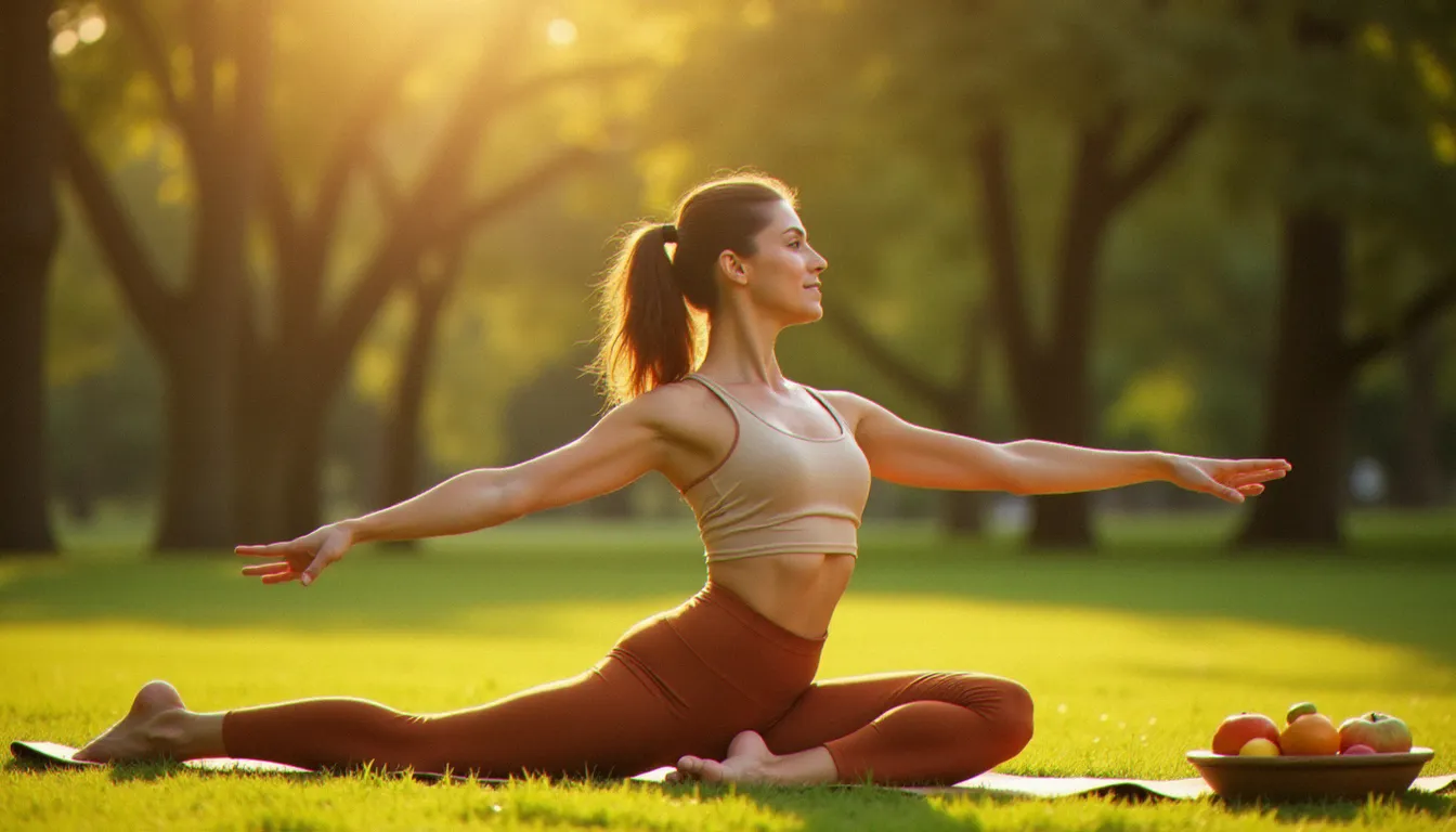 Femme pratiquant le flow yoga en plein air dans un parc verdoyant au lever du soleil, illustrant l'alliance du yoga dynamique, de la nature et de l'art de vivre bien-être