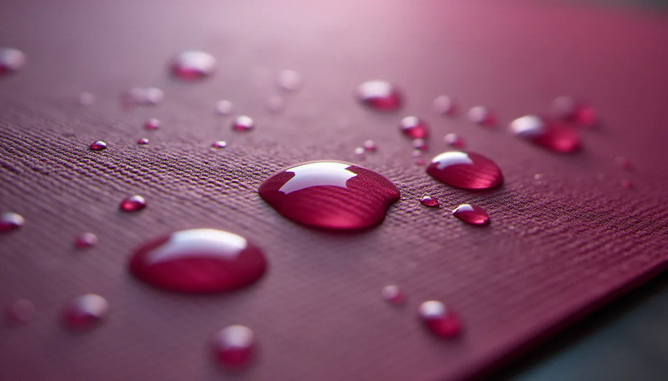 Gros plan macro sur la texture microfibre d'un hot yoga mat avec gouttes d'eau illustrant ses propriétés d'absorption et d'adhérence