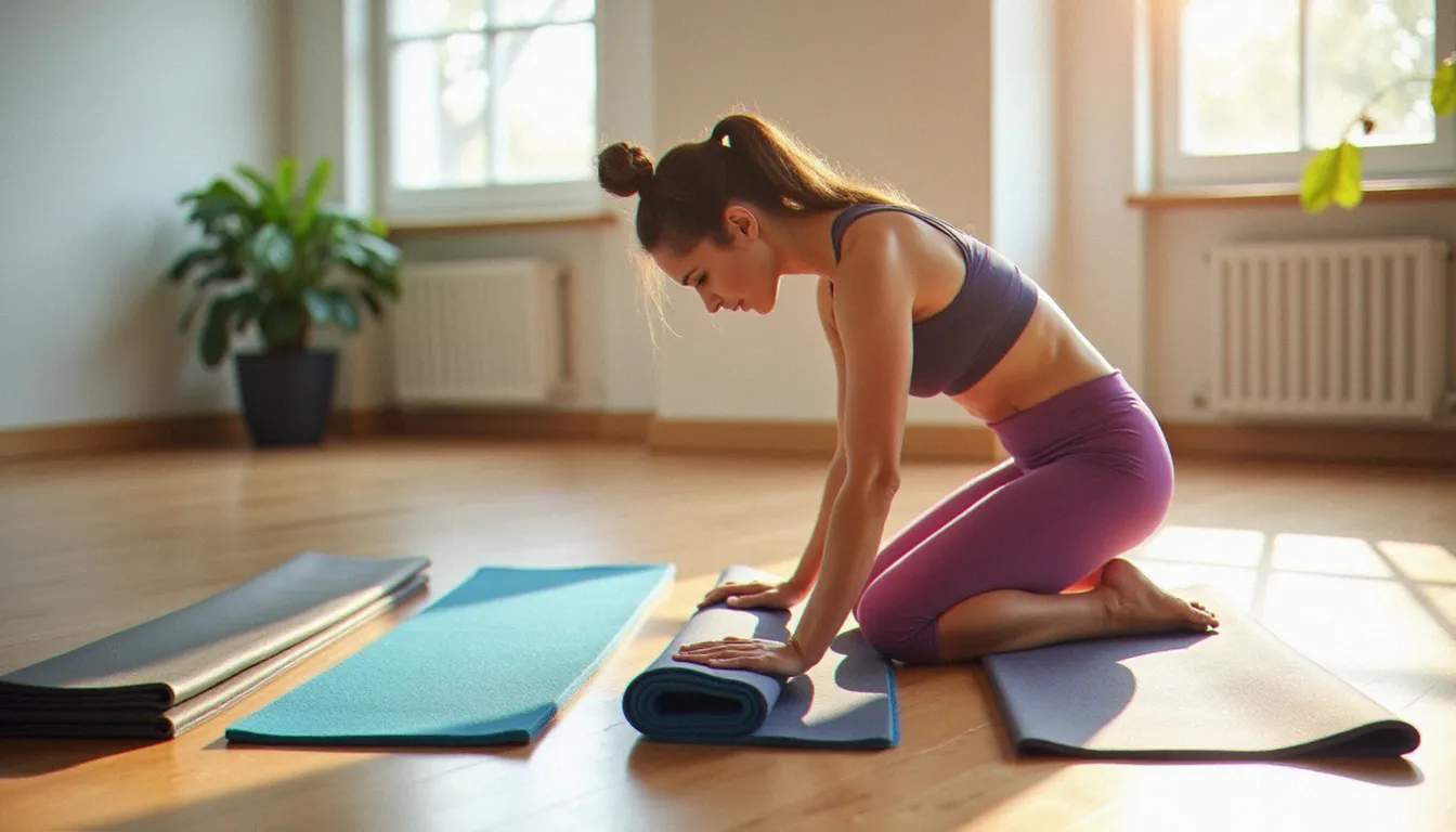 Femme comparant trois hot yoga mats différents côte à côte dans un studio lumineux, évaluant les textures et matières avant achat