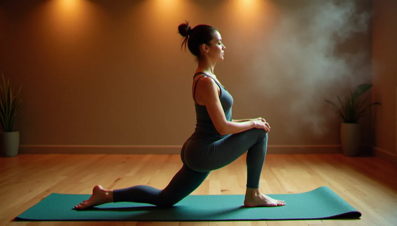 Femme en posture de yoga sur un hot yoga mat dans une salle de yoga chaud avec vapeur visible et lumière ambrée
