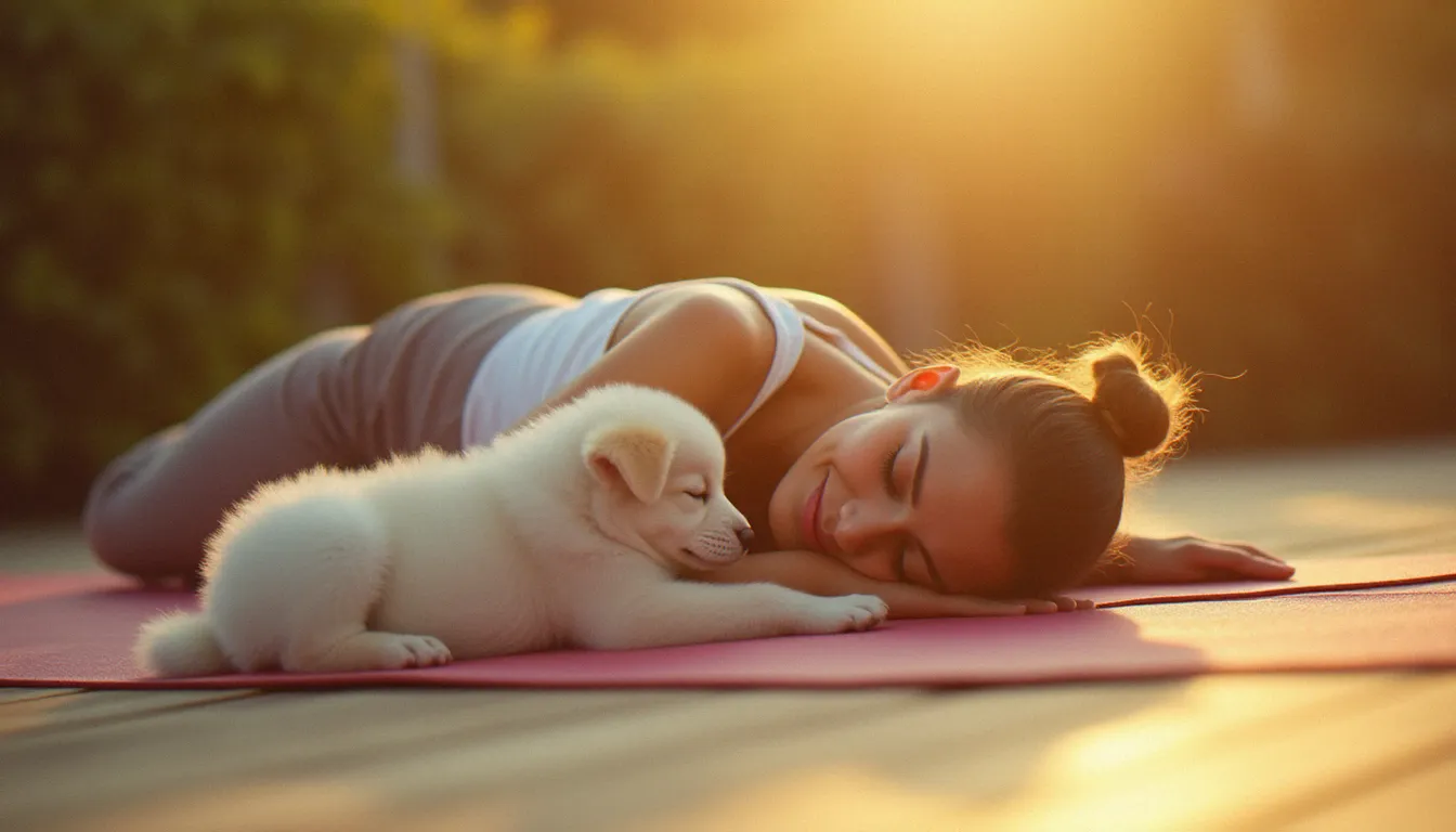 Femme en posture de l'enfant sur un tapis de yoga en terrasse avec un petit chiot blanc endormi sur son dos au coucher du soleil