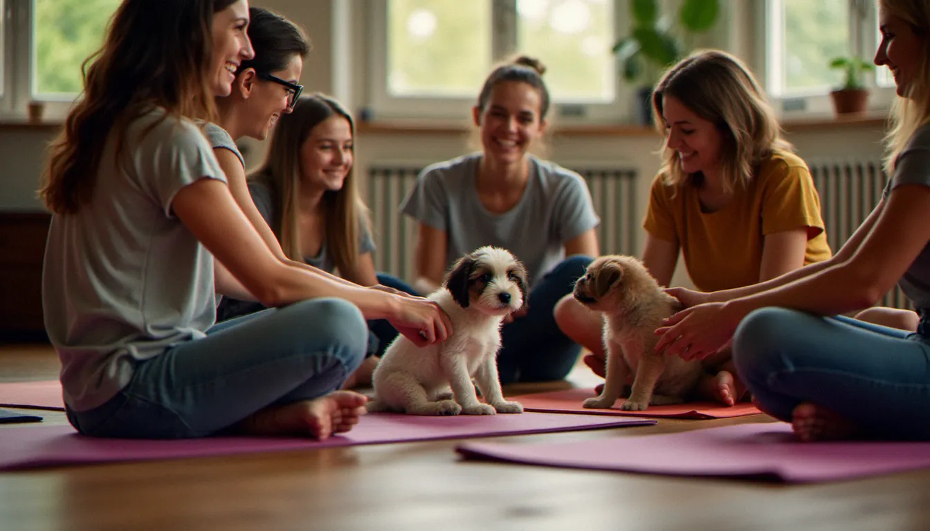 Groupe diversifié de participants à une séance de kinship yoga en cercle tenant des chiots dans leurs bras dans un espace intérieur chaleureux