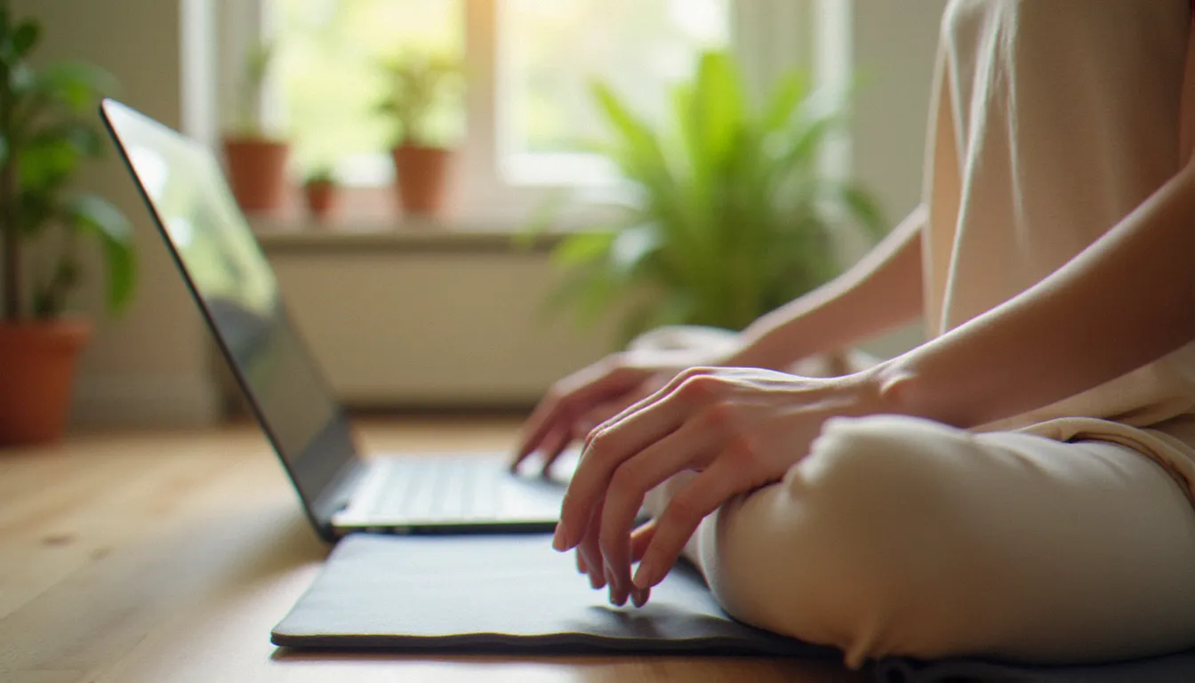 Mains d'une femme en tenue de yoga tapant sur un Lenovo Yoga dans un studio lumineux et végétalisé, illustrant la création de contenu yoga au quotidien