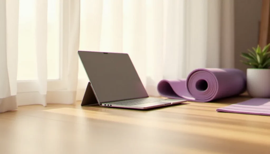 Lenovo Yoga en mode tablette posé sur un parquet clair à côté d'un tapis de yoga lavande, illustration du lenovo yoga prix et de son utilisation par les pratiquants et professeurs de yoga