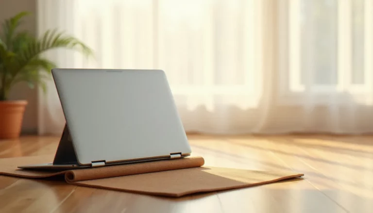 Un Lenovo Yoga en mode tente posé sur un tapis de yoga en liège dans un studio lumineux, illustrant le lenovo yoga prix maroc pour les pratiquants et créateurs de contenu