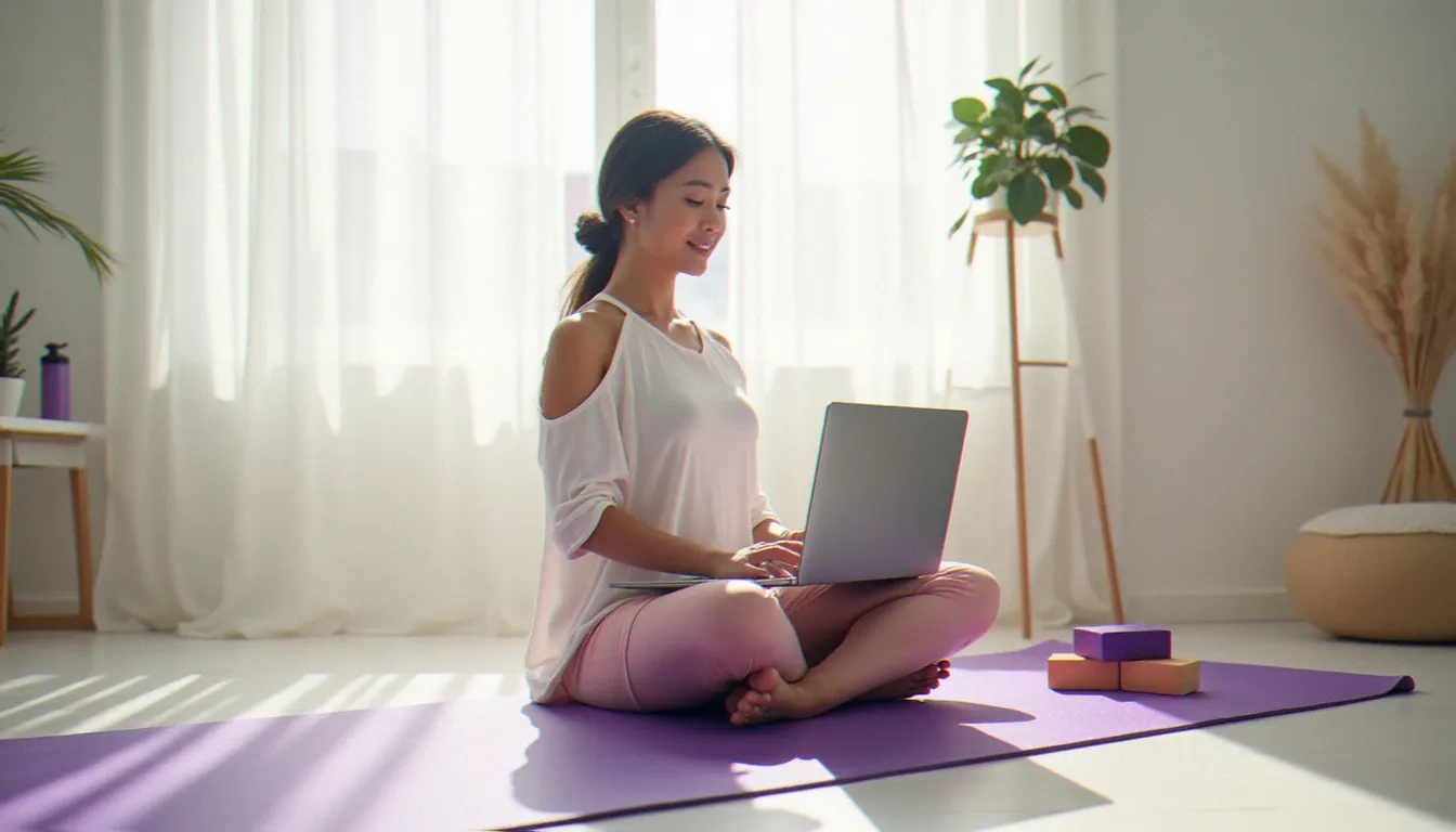 Une femme assise en tailleur sur un tapis de yoga utilisant un laptop Lenovo Yoga en mode tente pour suivre un tutoriel bien-être