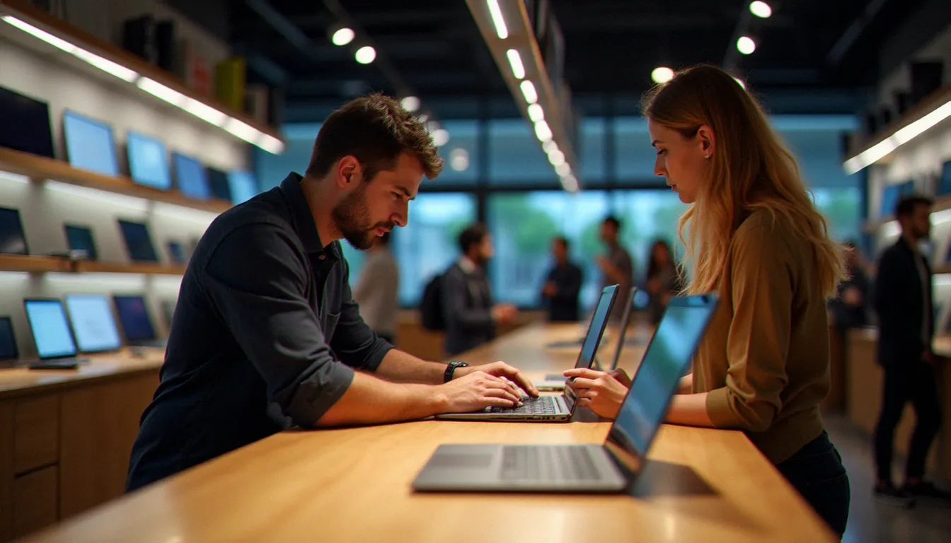 Intérieur d'une boutique informatique tunisienne moderne avec des laptops Lenovo Yoga exposés sur des présentoirs lumineux et un client conseillé par un vendeur