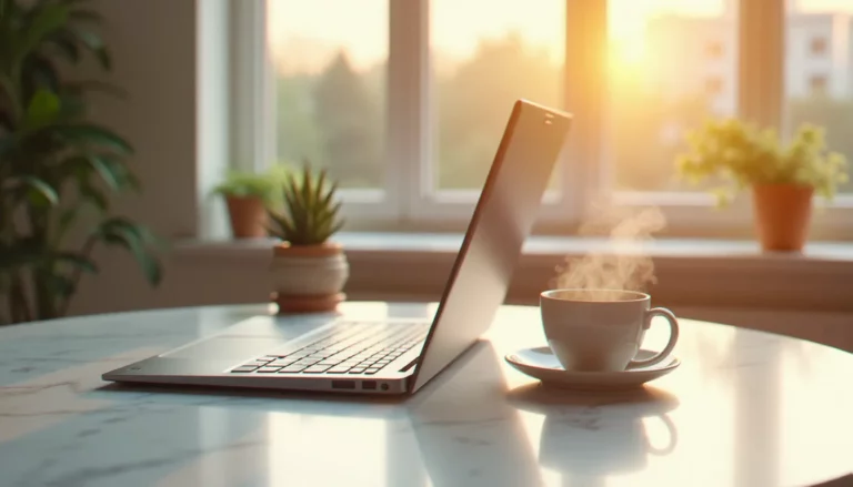 Un laptop Lenovo Yoga Slim 7 argenté ouvert sur un bureau en marbre blanc avec une tasse de thé, illustrant le Lenovo Yoga prix Tunisie 2026