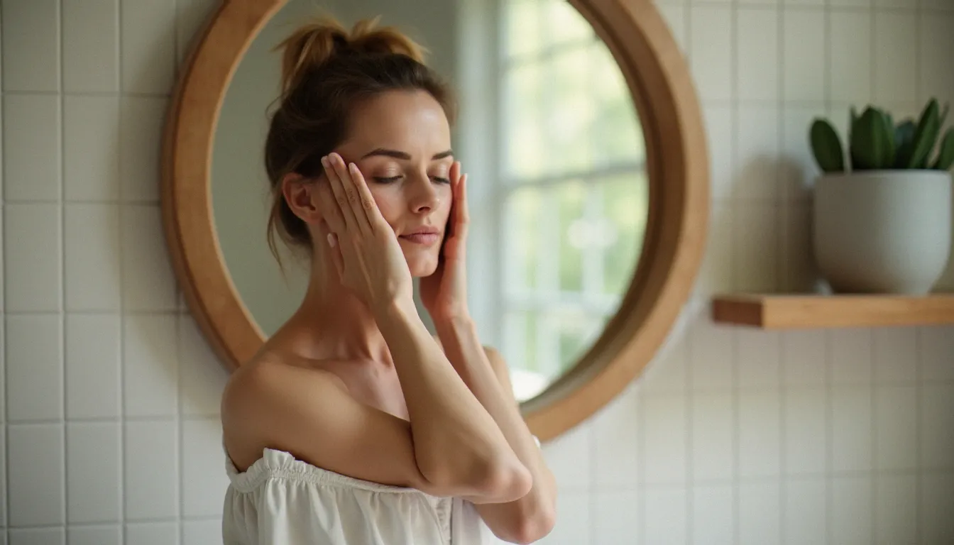 Femme d'une cinquantaine d'années aux joues gonflées pratiquant un exercice de yoga du visage devant un miroir rond en bois dans une salle de bain lumineuse et végétalisée.