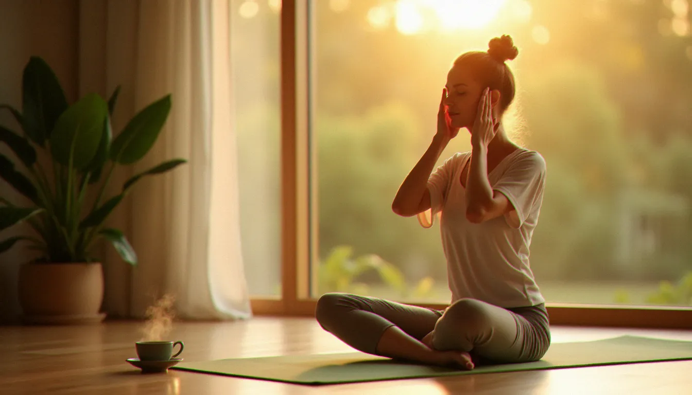 Femme assise en tailleur sur un tapis de yoga vert, pratiquant un massage du cou et de la mâchoire dans le cadre d'une routine de yoga du visage, baignée dans une lumière matinale dorée avec une tasse de thé à portée de main.