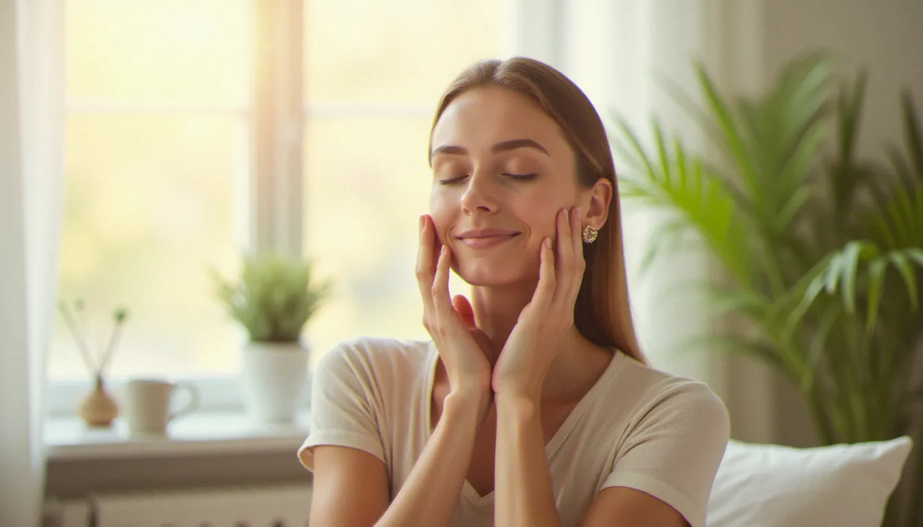 Femme pratiquant le meilleur yoga du visage le matin dans un intérieur lumineux et épuré, doigts posés sur les pommettes, expression sereine et détendue dans la lumière dorée.