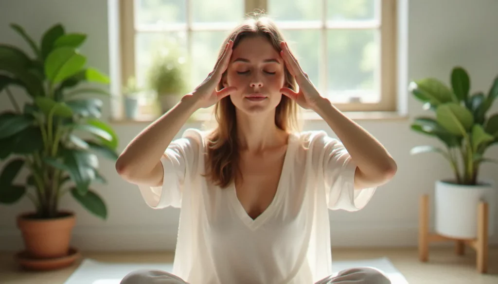 Femme pratiquant le meilleur yoga du visage avec l'exercice du V pour les yeux près d'une fenêtre lumineuse le matin