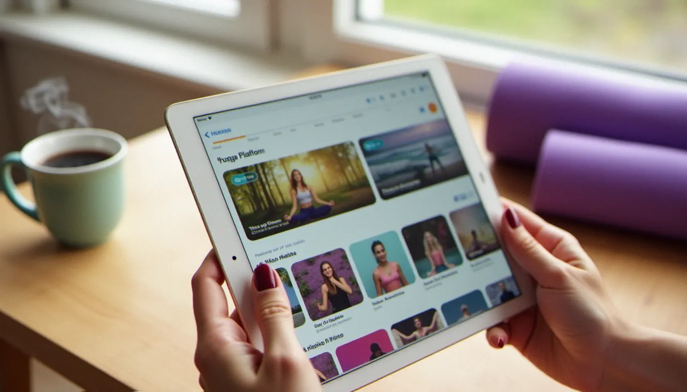 Vue rapprochée de mains féminines tenant une tablette affichant une plateforme de yoga en ligne, avec tasse de café et tapis de yoga en arrière-plan