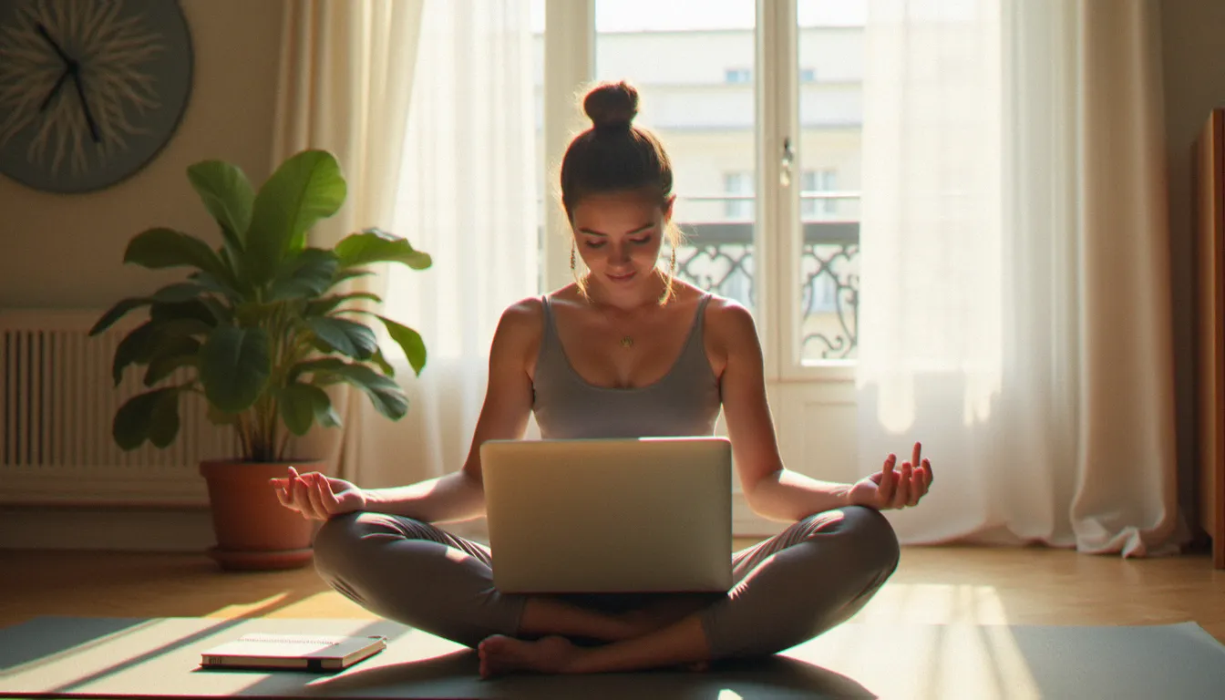 Femme choisissant son studio de yoga à Paris sur un ordinateur portable, entourée de notes manuscrites dans un appartement lumineux