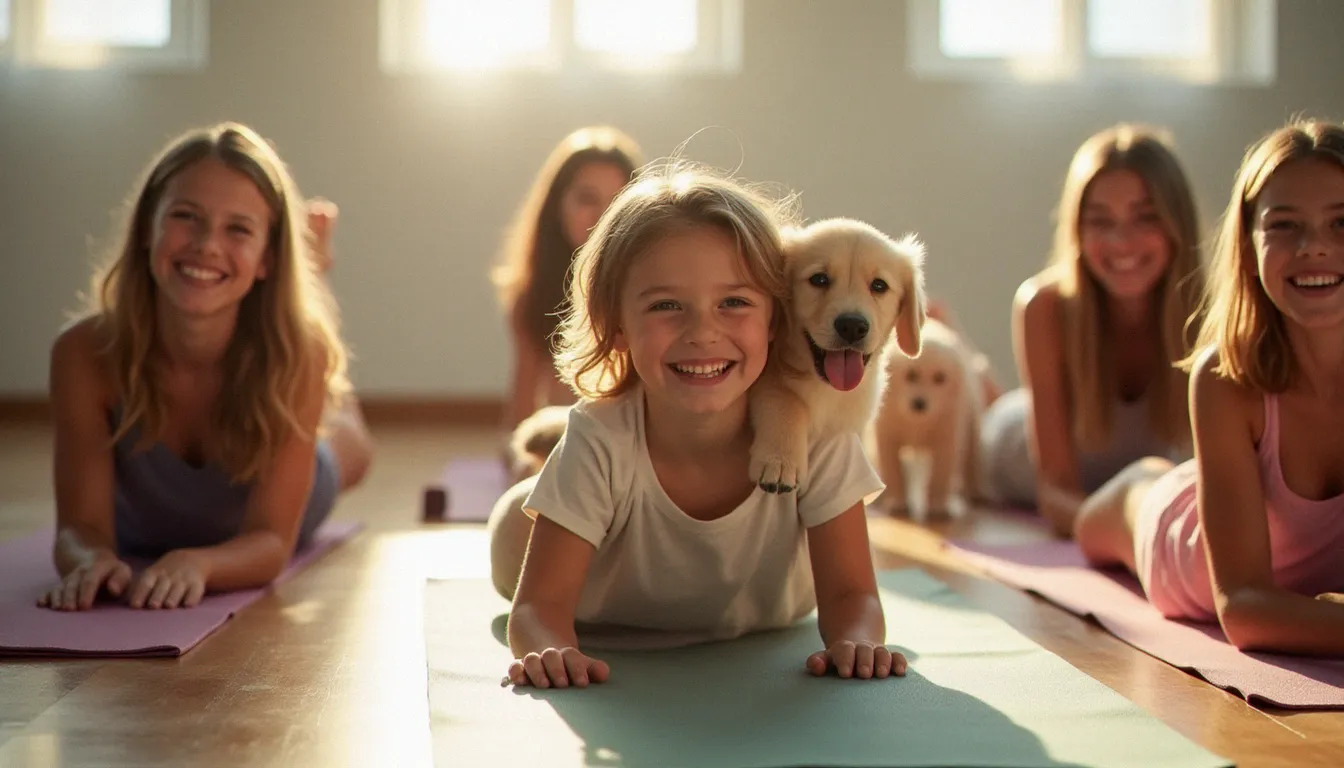 Séance de puppy yoga à Paris avec des chiots golden retriever se promenant entre les participants hilares en posture de l'enfant, ambiance joyeuse et détendue