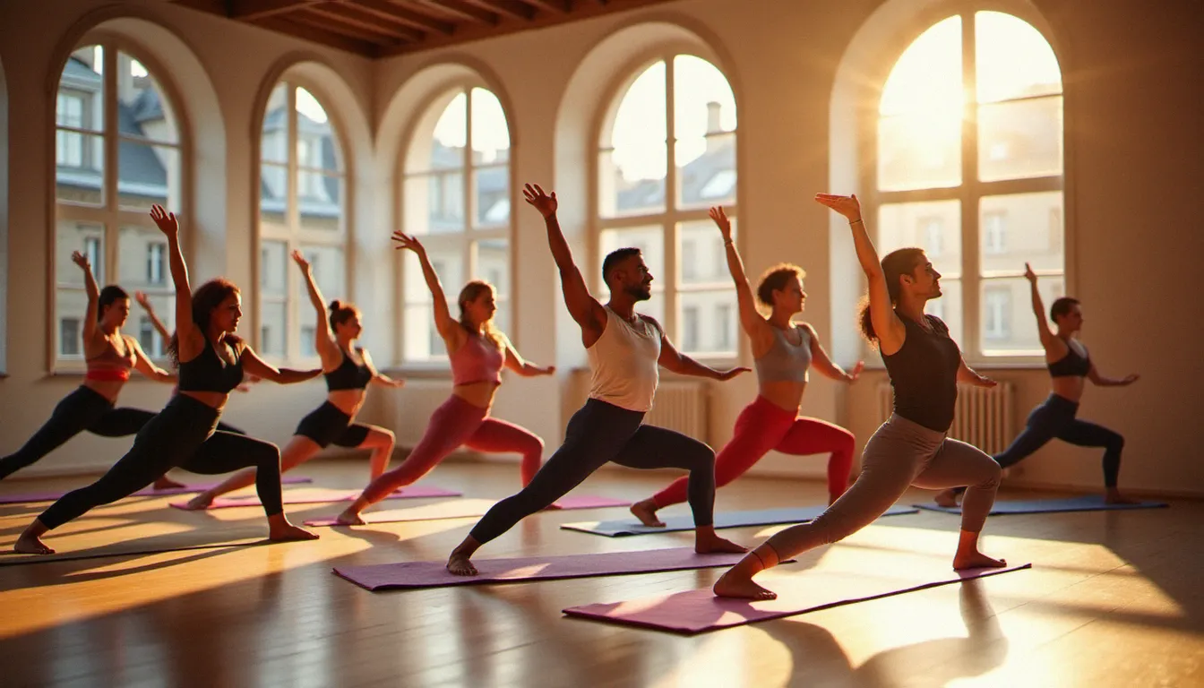 Cours de meilleur yoga Paris dans un studio lumineux aux grandes fenêtres haussmanniennes, groupe de participants souriants en posture du guerrier sur tapis colorés