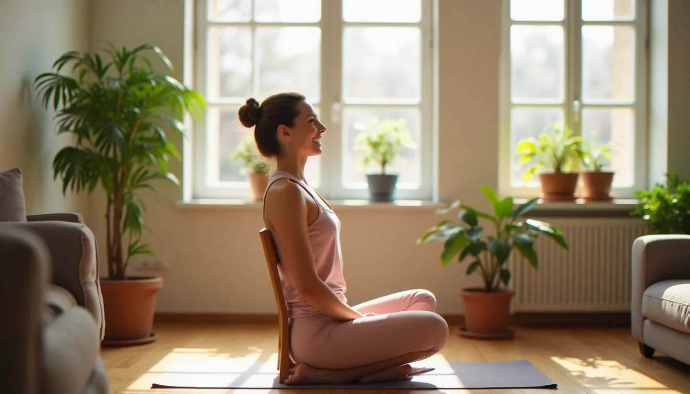 Femme pratiquant le meilleur yoga sur chaise dans un appartement lumineux, en torsion vertébrale assise sur une chaise en bois