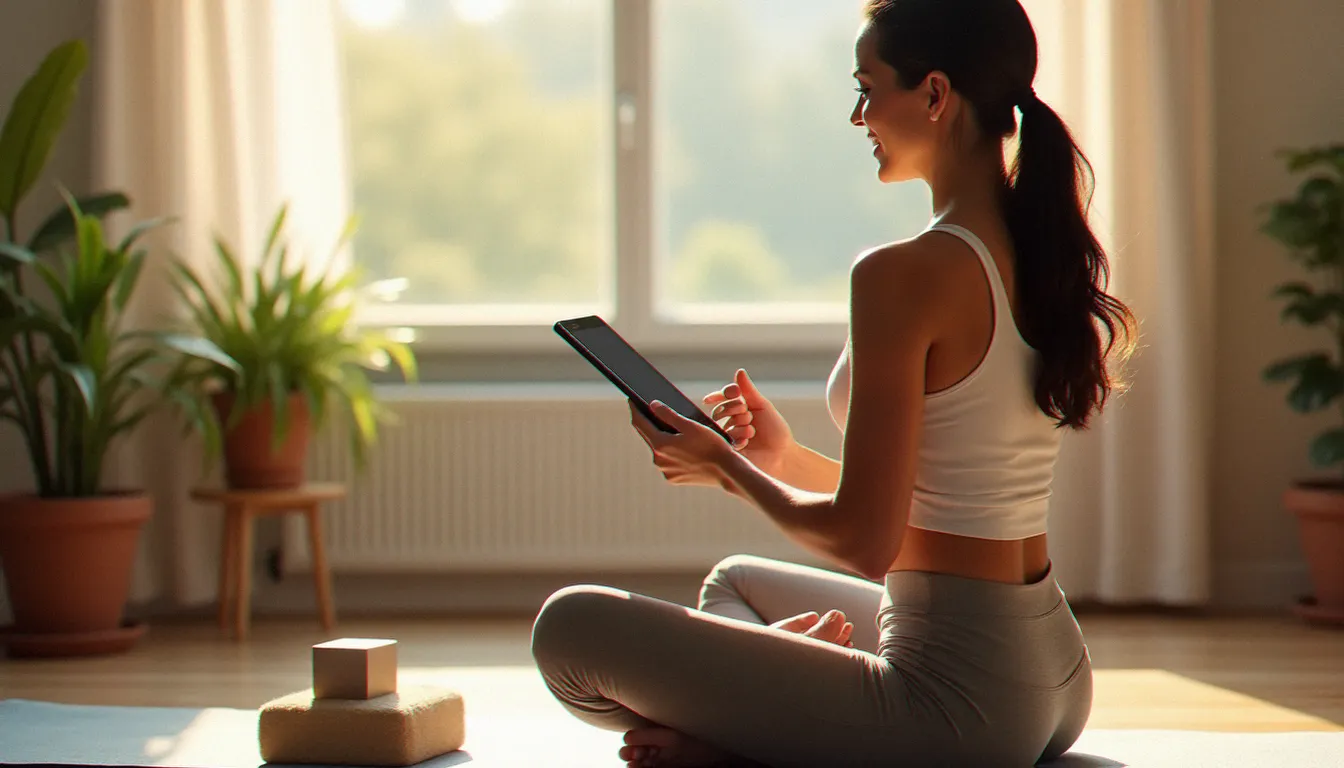 Femme souriante choisissant une chaîne YouTube de yoga sur sa tablette, assise en tailleur sur un tapis de yoga dans un intérieur chaleureux