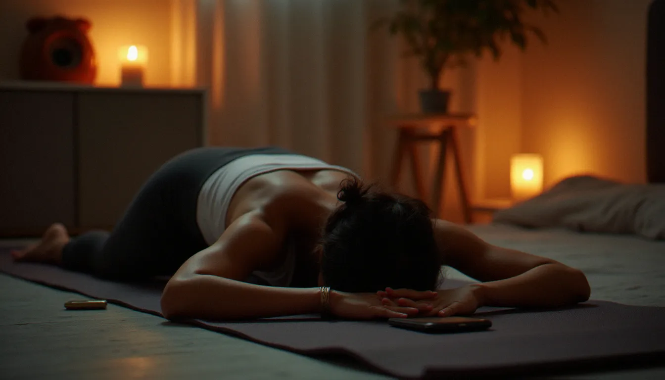 Femme en posture de savasana après une séance de yoga YouTube, allongée sur son tapis dans une chambre tamisée et apaisante