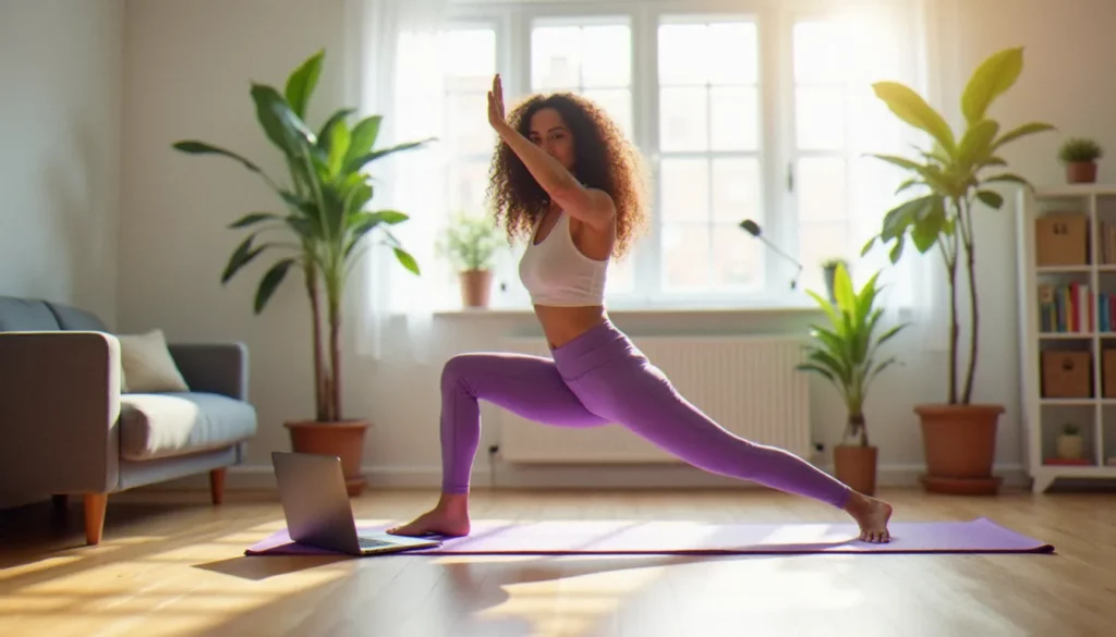 meilleur yoga youtube featured Femme pratiquant le meilleur yoga YouTube chez elle sur un tapis violet, avec un ordinateur portable affichant une vidéo de yoga dans un salon lumineux