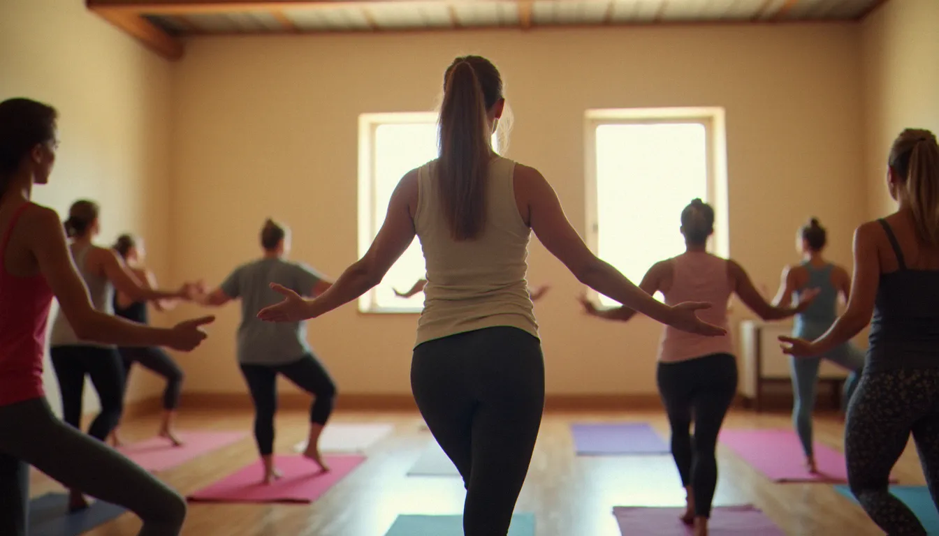 Cours de yoga collectif dans une salle communautaire simple, montrant la pratique du yoga comme outil de rédemption et de guérison collective