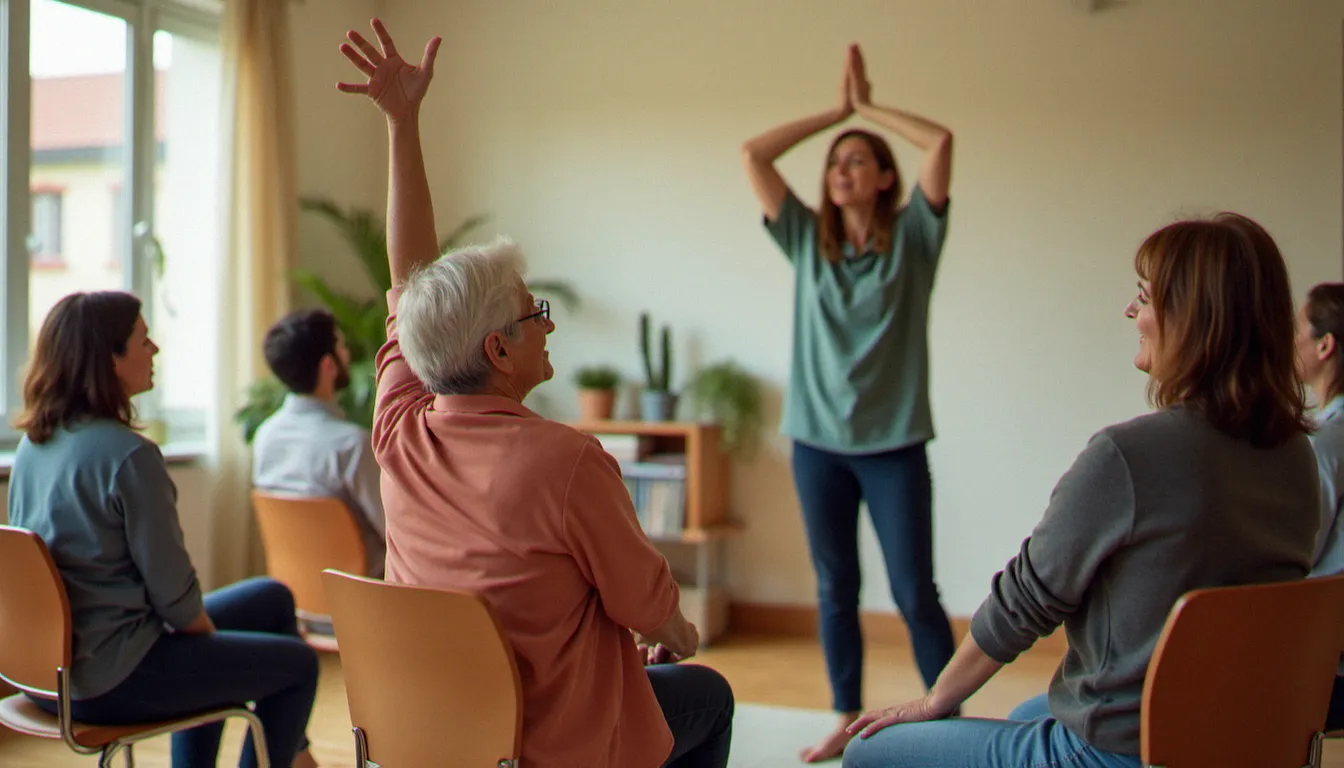 Groupe de personnes de tous âges pratiquant le yoga sur chaise en cercle dans un espace communautaire, montrant l'aspect inclusif de cette pratique