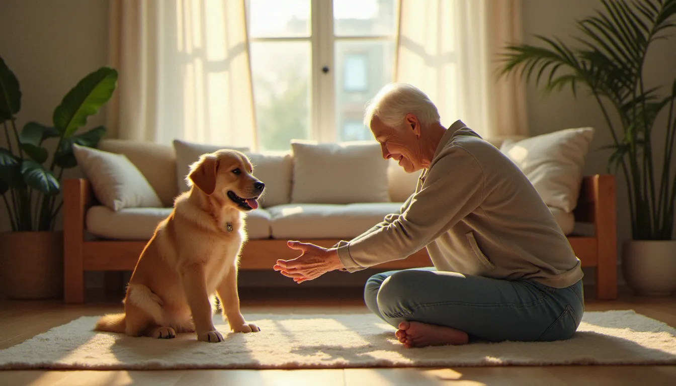 Femme âgée pratiquant le yoga sur chaise accompagnée d'un chiot golden retriever dans un salon lumineux, illustrant la combinaison yoga sur chaise et présence animale
