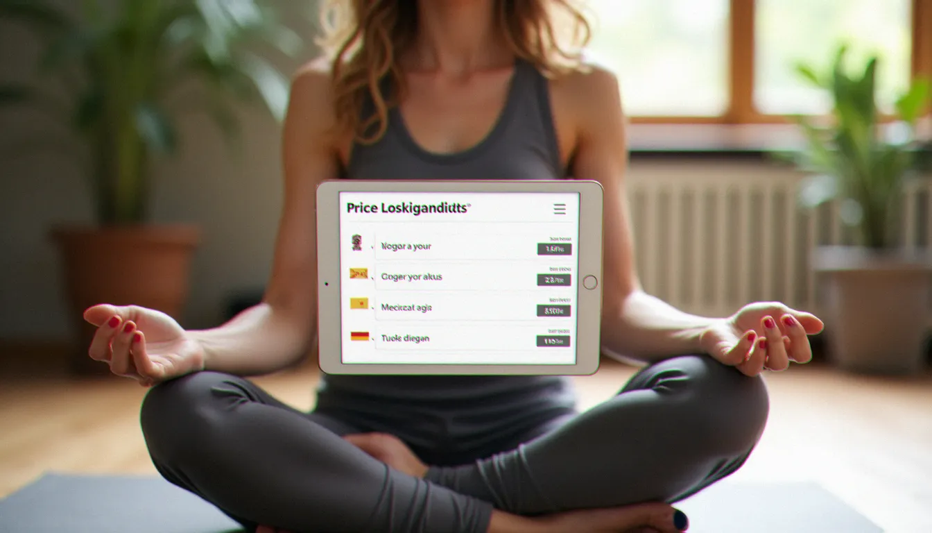 Femme consultant les tarifs d'une séance de yoga down dog sur une tablette depuis son tapis de yoga
