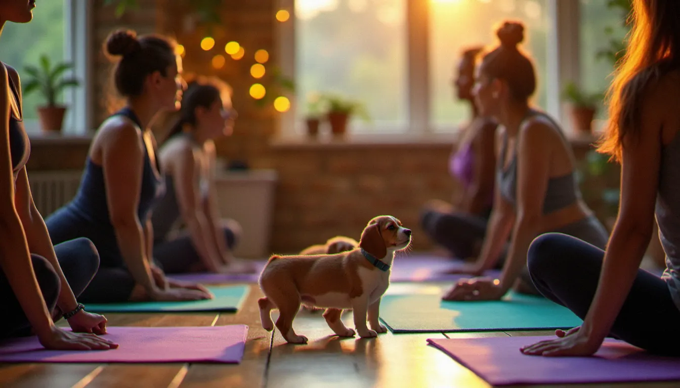 Petite session premium de yoga down dog avec des chiots beagle en liberté entre les participants en posture de l'enfant