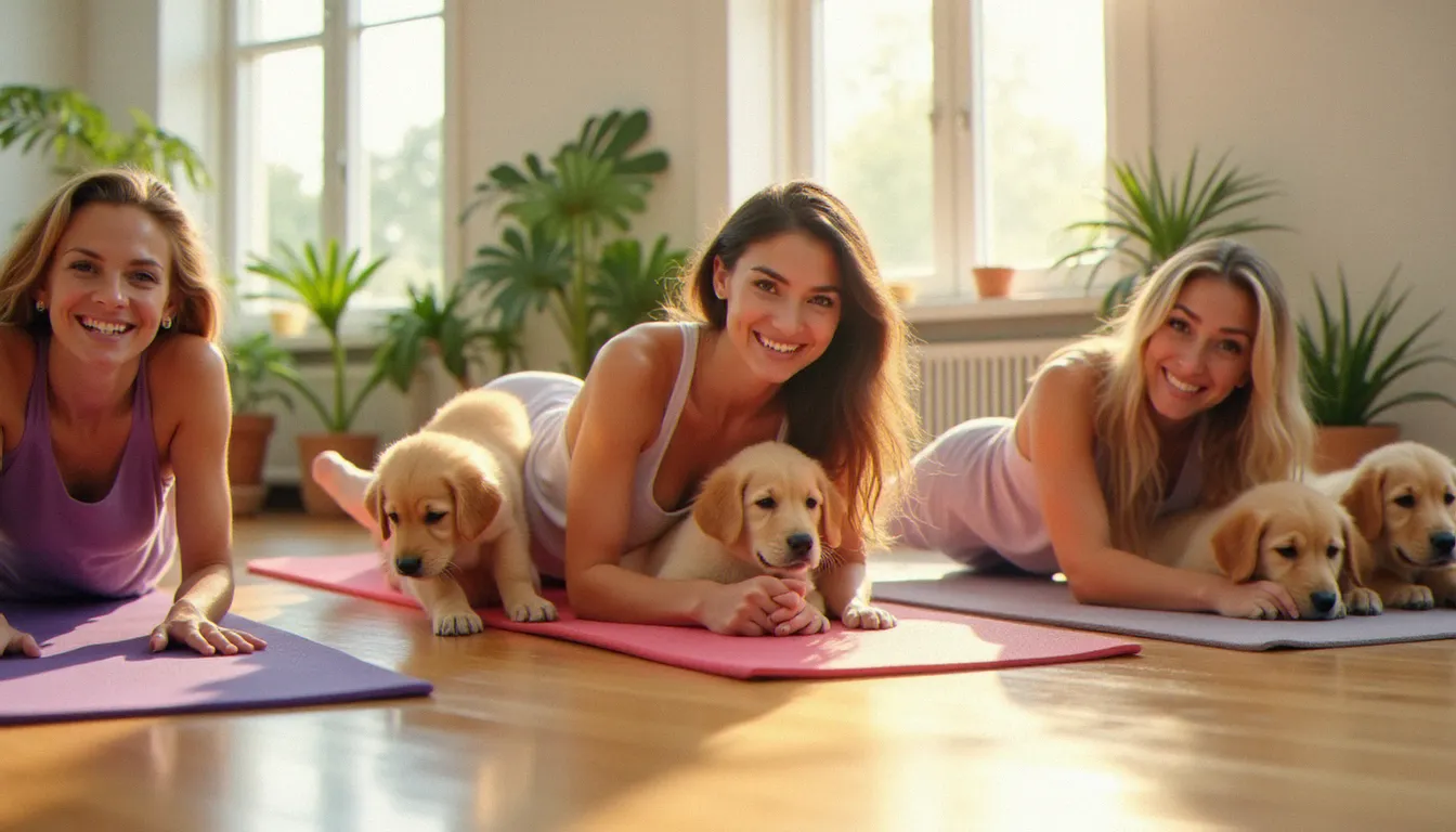 Groupe de femmes en posture du chien tête en bas avec des chiots golden retriever lors d'une séance de yoga down dog en studio lumineux