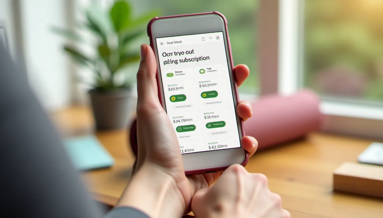 Téléphone affichant les différentes formules et prix d'une application de yoga, posé sur un bureau en bois avec accessoires de yoga
