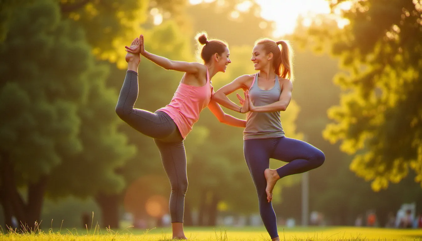 Deux femmes pratiquant le yoga ensemble en plein air dans un parc ensoleillé, illustrant une pratique yoga accessible et conviviale
