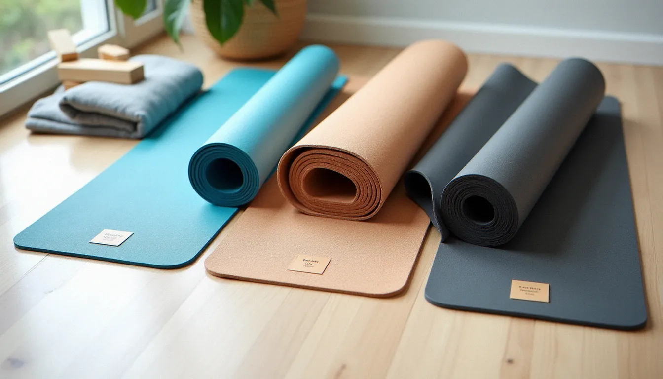 Comparatif de trois tapis yoga à différents prix posés côte à côte sur un parquet clair, illustrant les gammes de tapis yoga prix disponibles