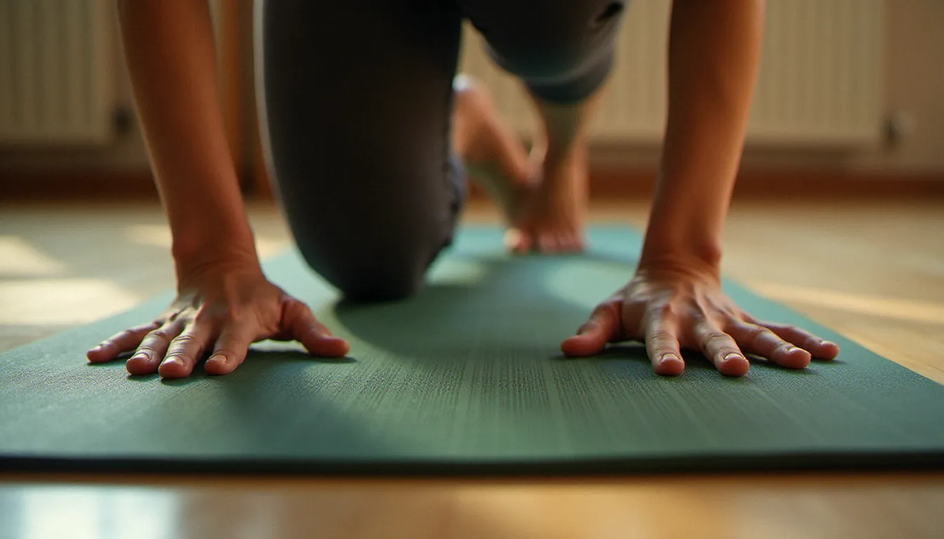 Mains d'une femme en posture du chien tête en bas sur un tapis yoga en caoutchouc naturel vert foncé, illustrant l'adhérence d'un tapis de qualité