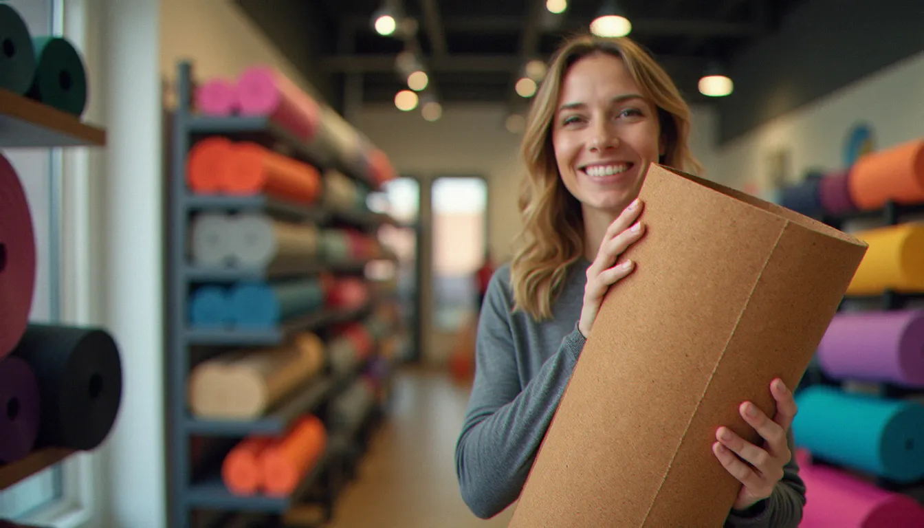 Femme souriante inspectant un tapis yoga en liège dans une boutique de sport moderne, illustrant le processus d'achat d'un tapis yoga en magasin