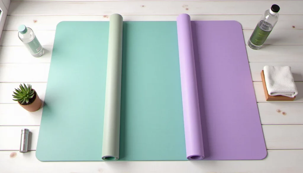 Trois tapis yoga de différentes matières et couleurs posés côte à côte sur un parquet blanc, représentant les options de tapis yoga disponibles en Tunisie à différents prix