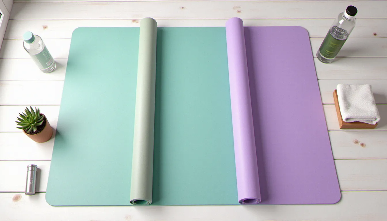 Trois tapis yoga de différentes matières et couleurs posés côte à côte sur un parquet blanc, représentant les options de tapis yoga disponibles en Tunisie à différents prix