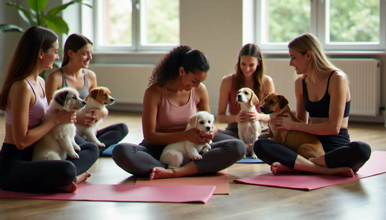 Groupe de participants au yoga avec chien en cercle sur des tapis, chacun avec son chien lors d'une séance collective à Lyon