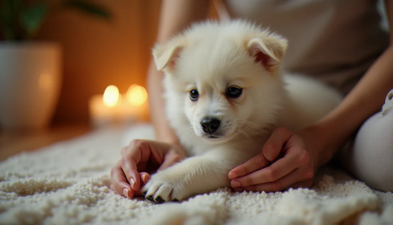 Gros plan sur des mains massant doucement la patte d'un petit chien blanc allongé sur une couverture de yoga pendant la relaxation finale