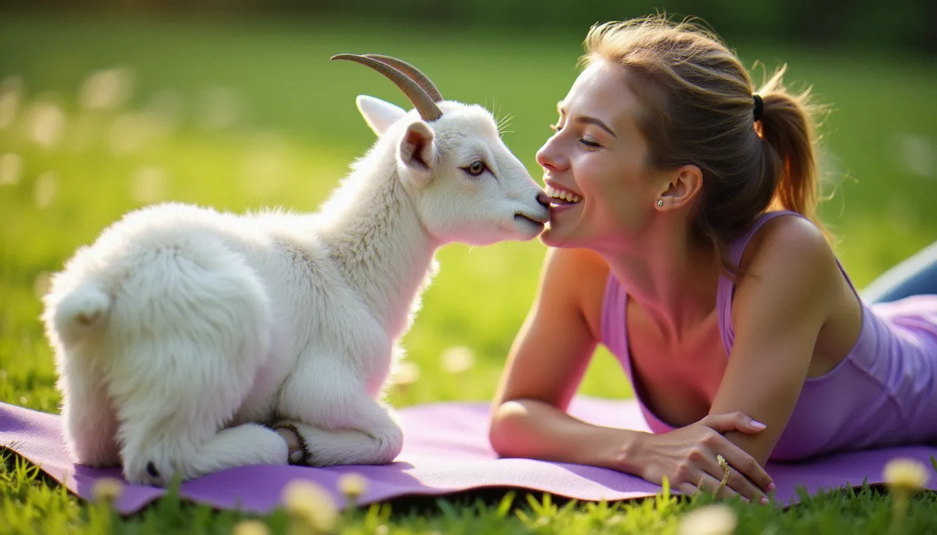Une chèvre Alpine blanche se frottant affectueusement contre le visage d'une femme souriante allongée sur un tapis de yoga violet dans un pré verdoyant