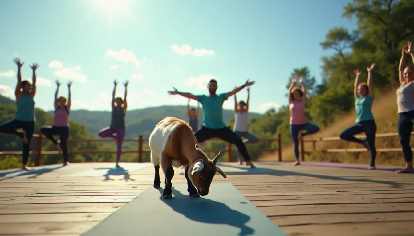 Vue large d'une séance de yoga avec des chèvres en plein air sur une terrasse en bois à la campagne, participants en posture du guerrier avec une chèvre au premier plan