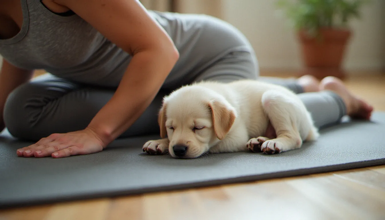 Femme en posture de l'enfant sur un tapis de yoga avec un chiot blanc endormi sur son dos pendant une séance de yoga avec des chiots